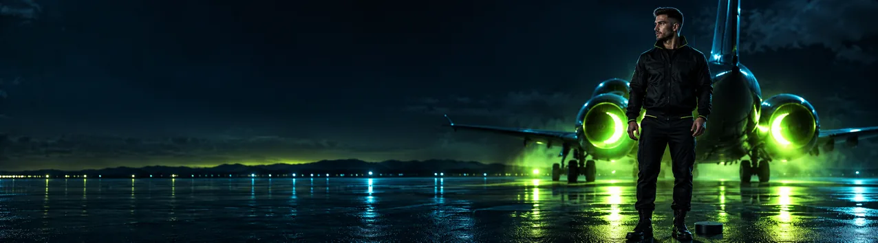 Betnjet Casino — man in flight jacket on night tarmac with private jet